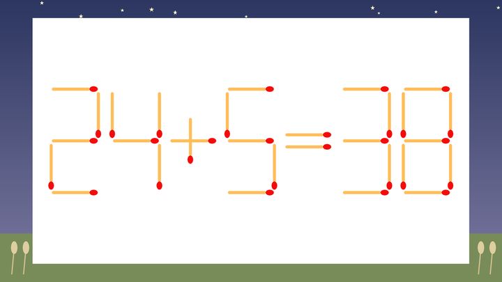 【マッチ棒クイズ】1本だけ動かして正しい式に：24+5=38？の問題画像