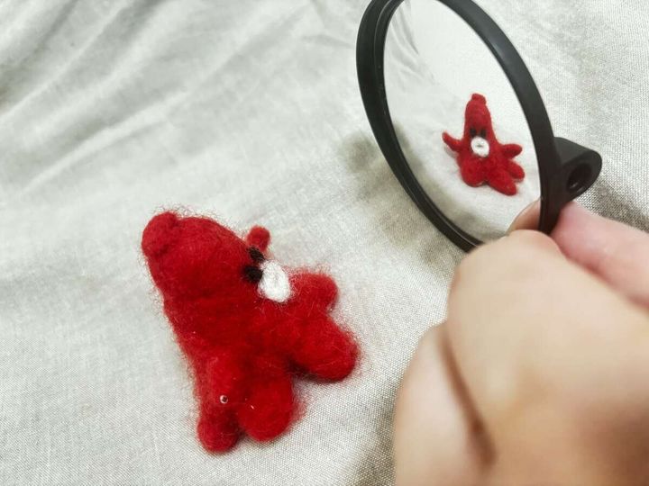 赤いフェルト人形がミラーに映り込んでいる様子を指でミラーを持ちながら撮影