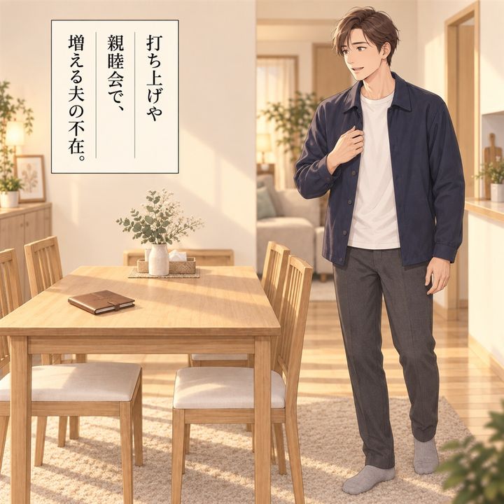 行事を終えて帰宅した夫は、また出かける様子です。