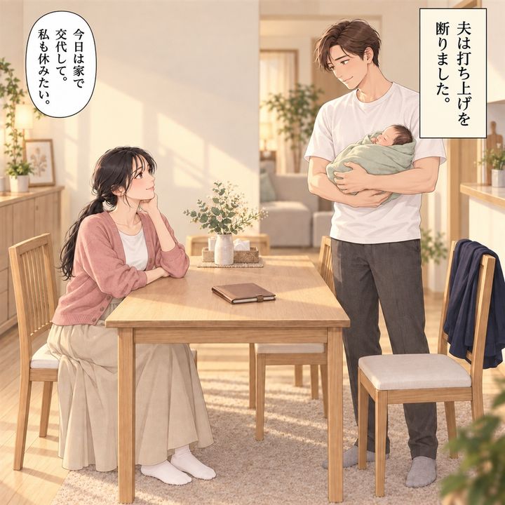 夫は打ち上げを断り、家で子どもたちを見ます。