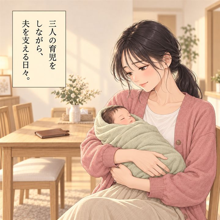 私は三人の育児を担いながら、役員の夫を支えます。