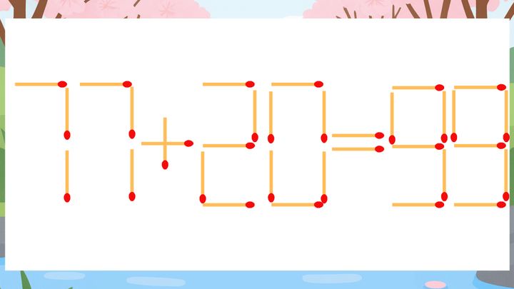 【マッチ棒クイズ】1本だけ動かして正しい式に：77+20=99？の問題画像