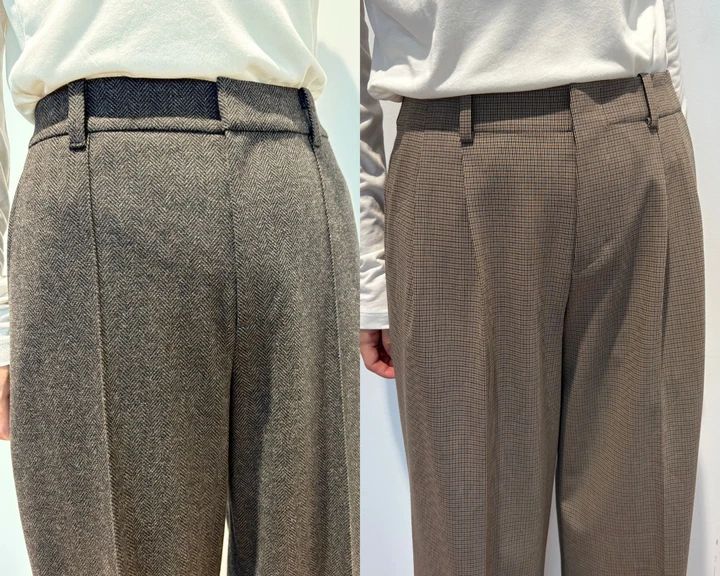 「スマートワイドストレートパンツ/チェック」はツータック＋センタープリーツ、「ブラッシュドジャージーワイドパンツ/ヘリンボーン」は、細かな柄と素材の表情がある