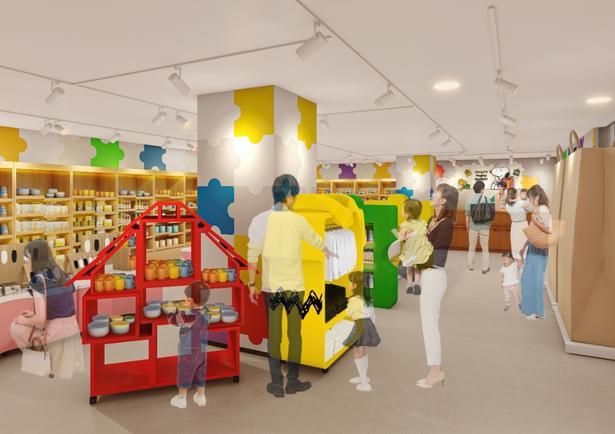 この施設ならではのグッズが並ぶ物販エリア「SNOOPY Playful MARKET」。当日チケットがあれば営業時間中いつでも立ち寄れる