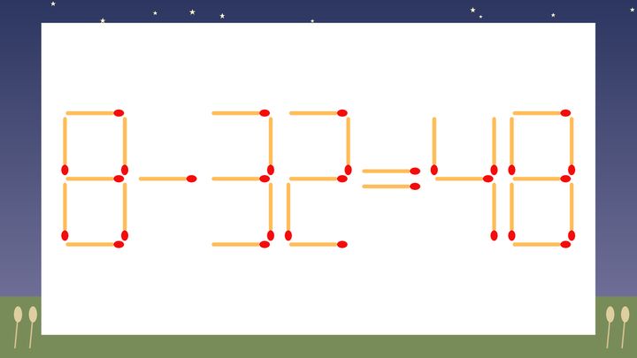 【マッチ棒クイズ】1本だけ動かして正しい式に：8-32=48？の問題画像