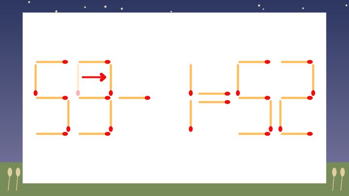 【マッチ棒クイズ】1本だけ動かして正しい式に：55-1=52？の解答画像