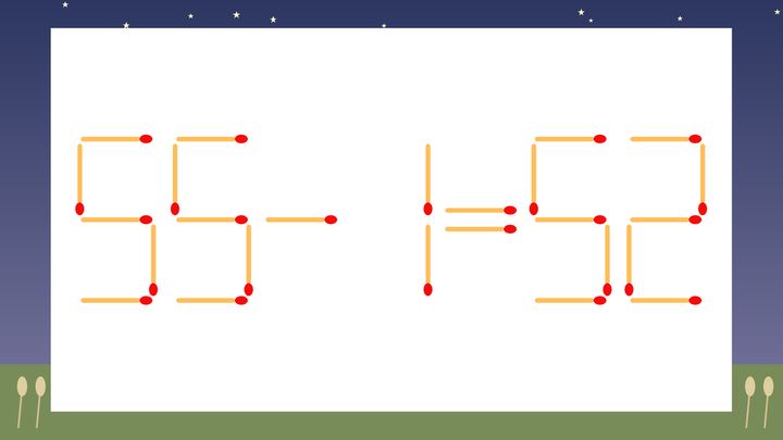 【マッチ棒クイズ】1本だけ動かして正しい式に：55-1=52？の問題画像