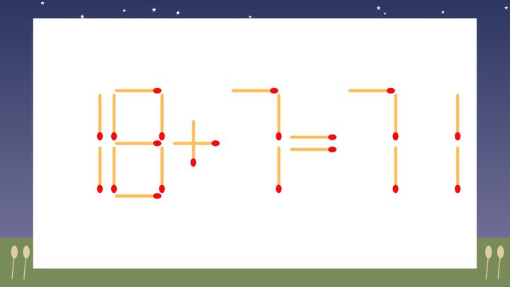 【マッチ棒クイズ】1本だけ動かして正しい式に：18+7=71？の問題画像