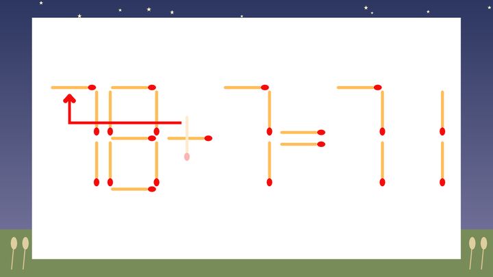 【マッチ棒クイズ】1本だけ動かして正しい式に：18+7=71？の解答画像