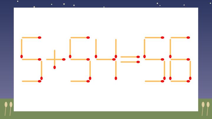 【マッチ棒クイズ】1本だけ動かして正しい式に：5+54=56？の問題画像