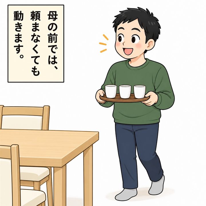 母が訪ねてきた日、夫は自分からお茶を運びます。