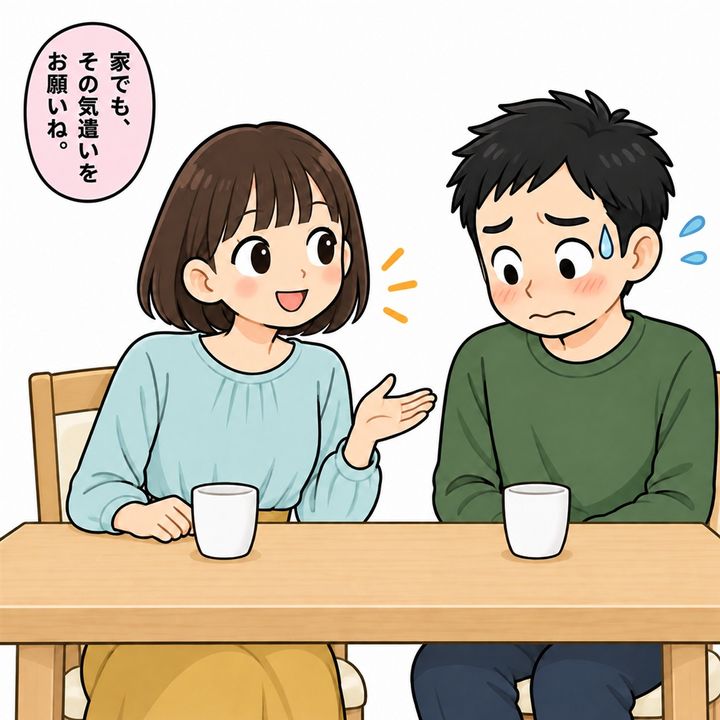 朝の食器を誰が下げたか聞かれ、夫は黙り込みます。