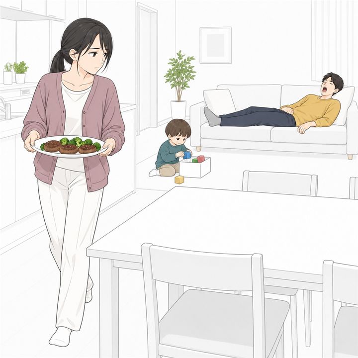 「今日は育児で疲れた、休ませてよ」ソファに寝転ぶ夫、夕飯を運んだ妻の問いかけに言葉が詰まった理由