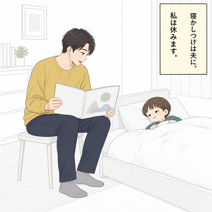 夫が子どもに絵本を読み、私はようやく休みます。