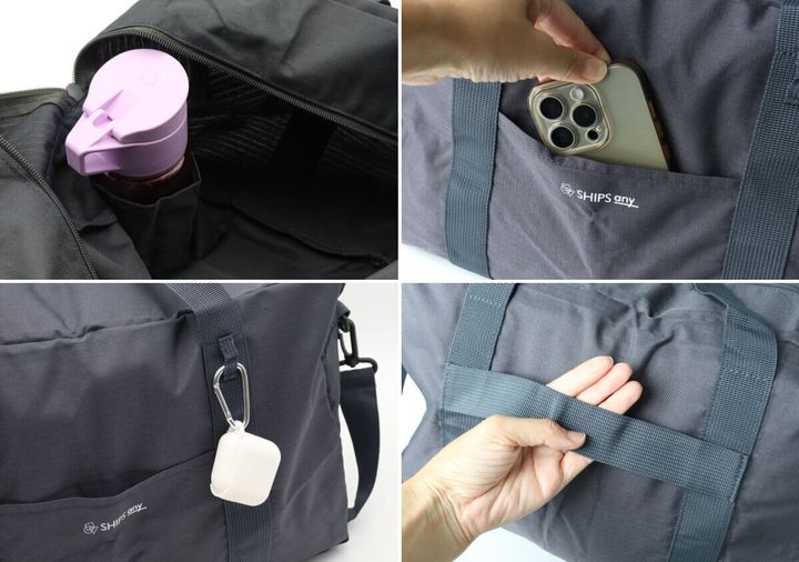 シップスエニィのボストンバッグのボトルホルダー、スマホポケット、カラビナ、キャリーバー通し。