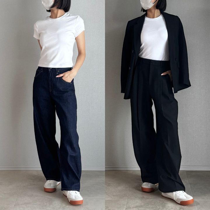 左:白ミニTと濃いデニムパンツの夏コーデ。右:白ミニTに黒ジャケットと黒スラックスの秋コーデ