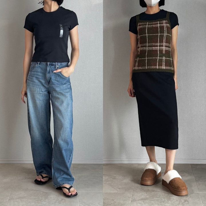 左:黒ミニTと薄いデニムパンツの夏コーデ。右:黒ミニTにチェック柄キャミソールを重ねた秋コーデ