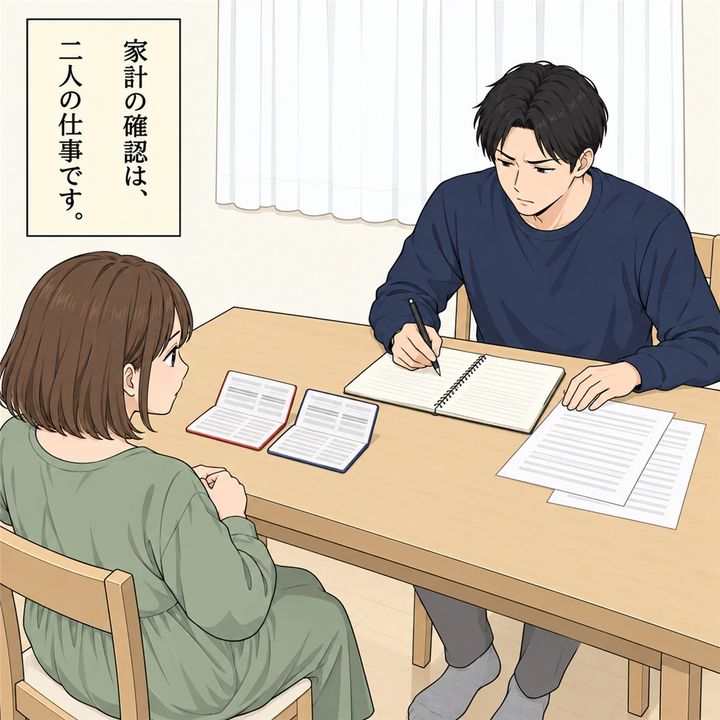 夫は明細を確かめながら、家計をノートに書きます。