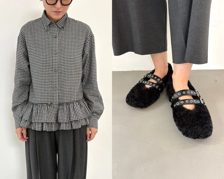 スウェットパーカ￥3990・フリルシャツ￥2990・フラッフィーボアメリージェーンシューズ￥2990／GU（ジーユー）