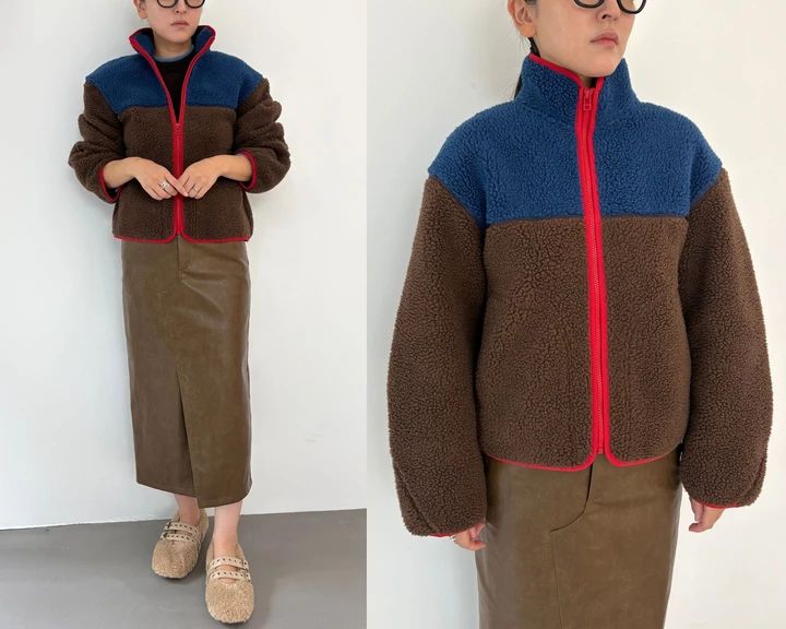 フリースジャケット（バイカラー）￥3990・フラッフィーボアメリージェーンシューズ￥2990／GU（ジーユー）