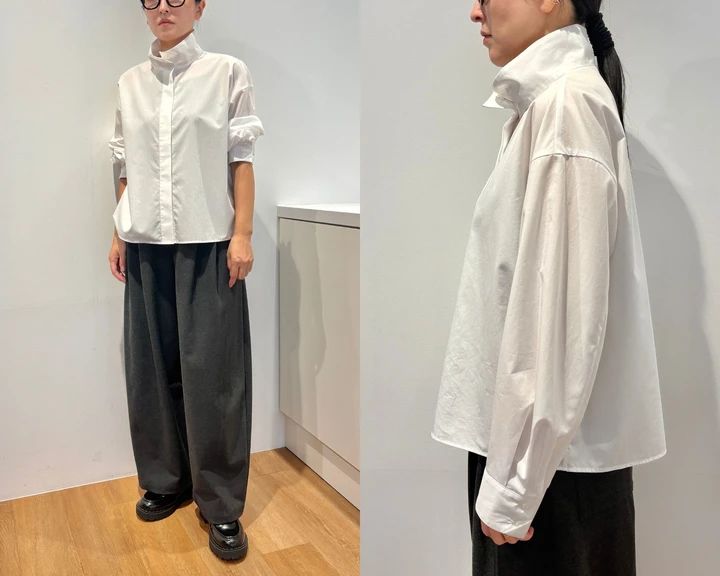 コットンスタンドカラーシャツ￥3990・ボリュームパンツ￥4990・フラッフィカシミヤベスト￥8990・ウールブレンドハリントンジャケット￥7990・レースアップシューズ￥4990／ユニクロ