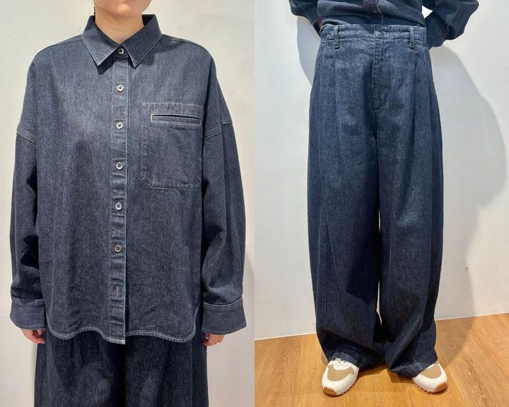 デニムリラックスシャツジャケット￥3990・ダブルフェイステーラードジャケット￥8990・バレルジーンズ￥4990・コンビネーションスニーカー￥4990／ユニクロ