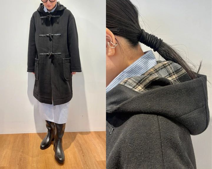 コットンスタンドカラーワンピース￥5990・フラッフィカシミヤリラックスカーディガン￥14900・ダッフルコート￥14900・ブーツ￥6990／ユニクロ