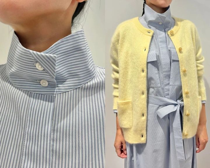 コットンスタンドカラーワンピース￥5990・フラッフィカシミヤリラックスカーディガン￥14900・ダッフルコート￥14900・ブーツ￥6990／ユニクロ