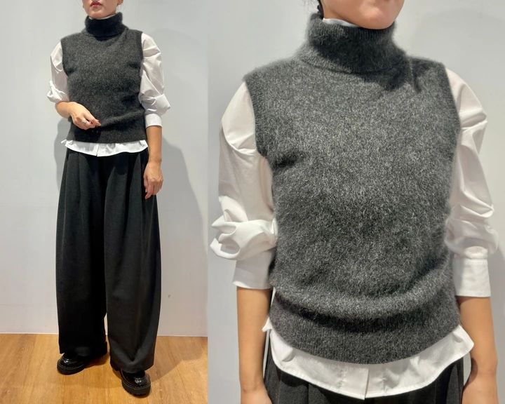 コットンスタンドカラーシャツ￥3990・ボリュームパンツ￥4990・フラッフィカシミヤベスト￥8990・ウールブレンドハリントンジャケット￥7990・レースアップシューズ￥4990／ユニクロ