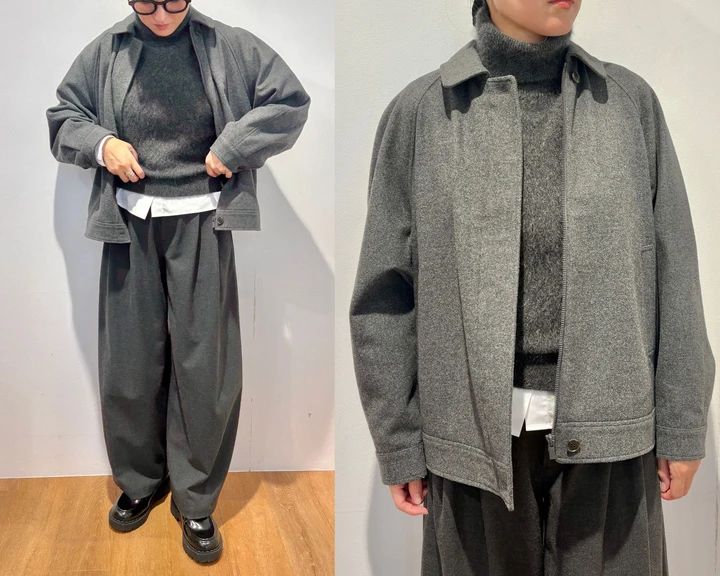 コットンスタンドカラーシャツ￥3990・ボリュームパンツ￥4990・フラッフィカシミヤベスト￥8990・ウールブレンドハリントンジャケット￥7990・レースアップシューズ￥4990／ユニクロ