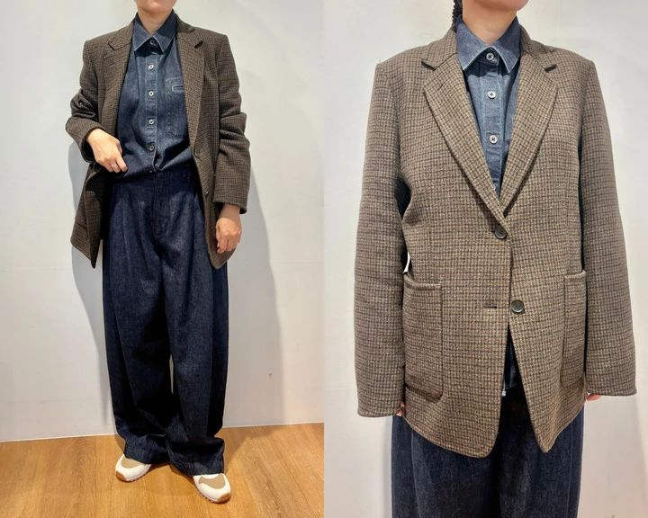 デニムリラックスシャツジャケット￥3990・ダブルフェイステーラードジャケット￥8990・バレルジーンズ￥4990・コンビネーションスニーカー￥4990／ユニクロ