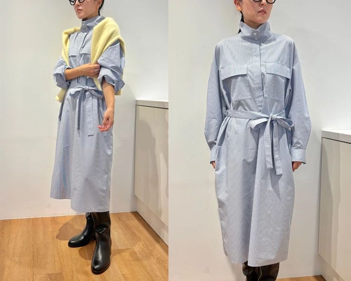 コットンスタンドカラーワンピース￥5990・フラッフィカシミヤリラックスカーディガン￥14900・ダッフルコート￥14900・ブーツ￥6990／ユニクロ