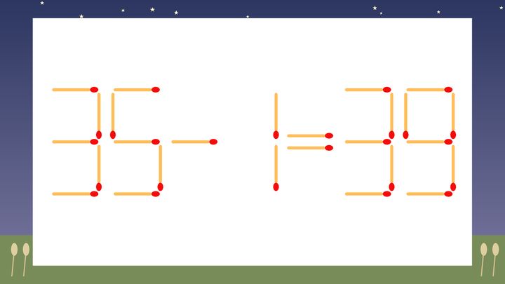 【マッチ棒クイズ】1本だけ動かして正しい式に：35-1=39？の問題画像