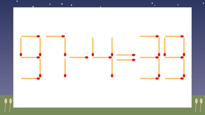 【マッチ棒クイズ】1本だけ動かして正しい式に：97-4=39？の問題画像