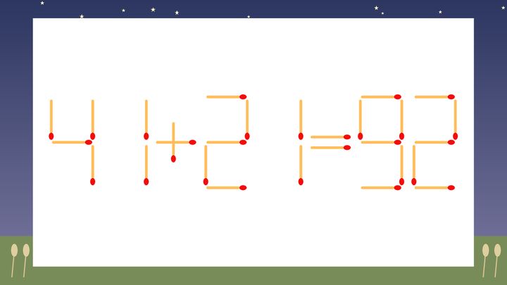 【マッチ棒クイズ】1本だけ動かして正しい式に：41+21=92？の問題画像