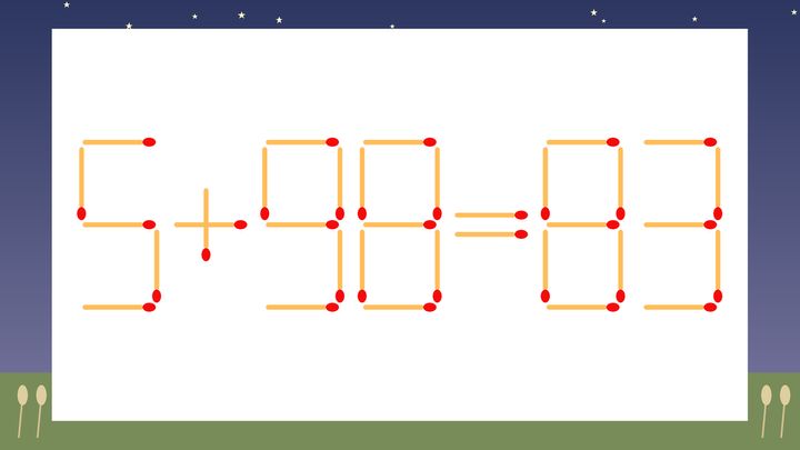 【マッチ棒クイズ】1本だけ動かして正しい式に：5+98=83？の問題画像