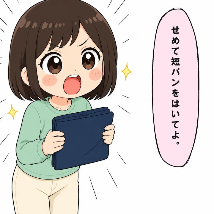 妻は短パンを手にして夫へ着替えを頼みます