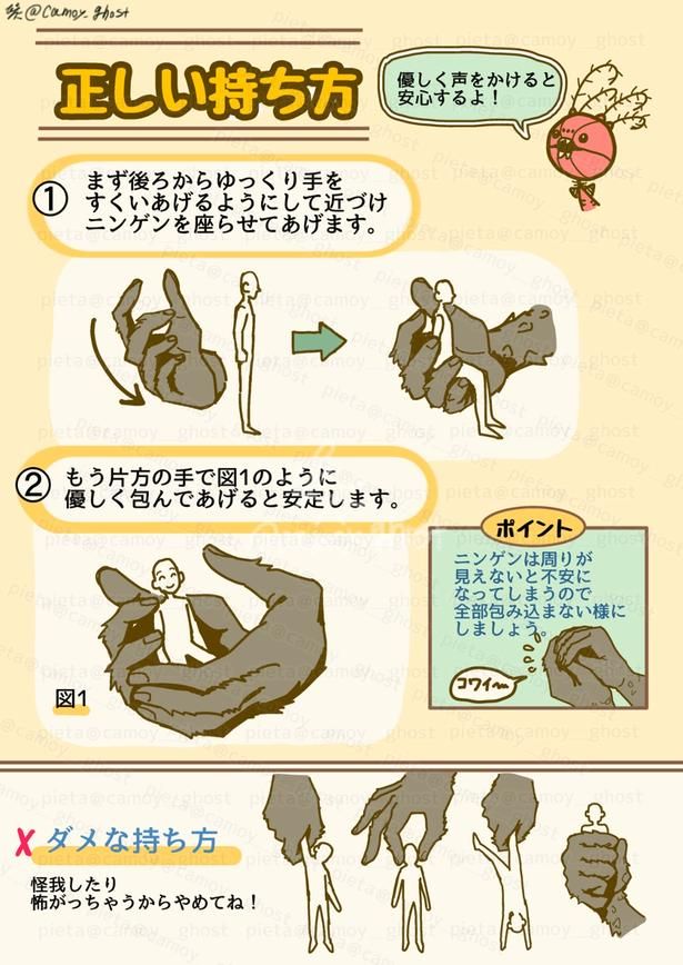 ニンゲンの飼い方「正しい持ち方」2 画像提供：ぴえ太(@camoy_ghost)