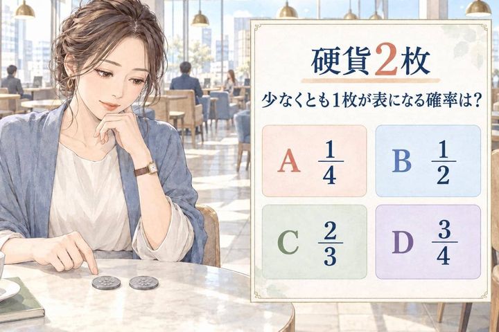 【算数テスト】硬貨２枚を投げた時、少なくとも１枚が表になる確率は？