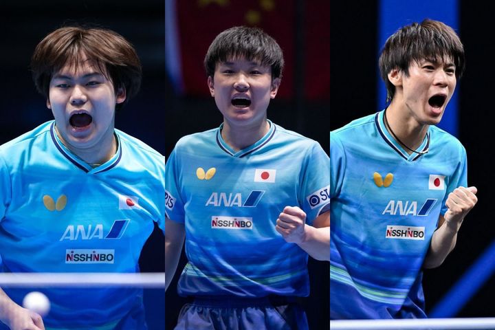 松島輝空,、張本智和、戸上隼輔（C）WTT