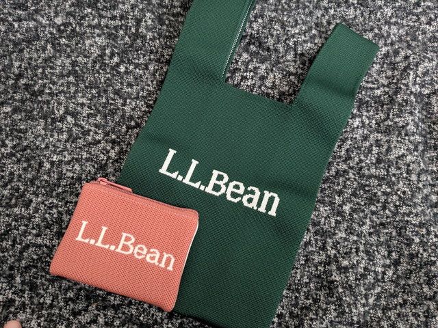 L.L.Beanのグリーンのニットバッグとピンクのポーチを並べた写真