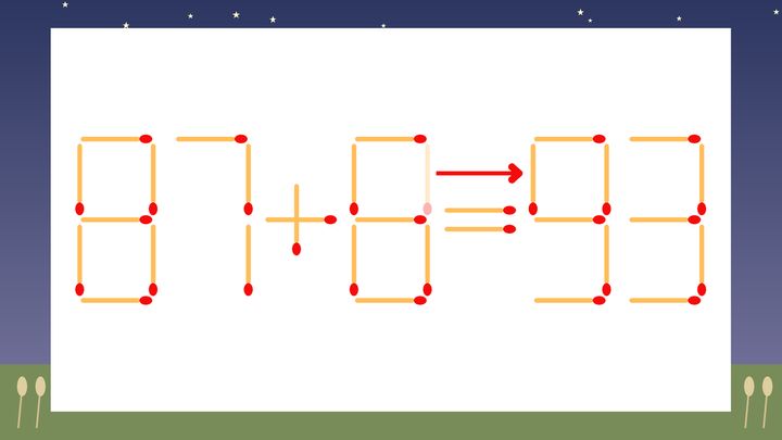 【マッチ棒クイズ】1本だけ動かして正しい式に：87+8=33？の解答画像