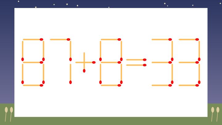 【マッチ棒クイズ】1本だけ動かして正しい式に：87+8=33？の問題画像