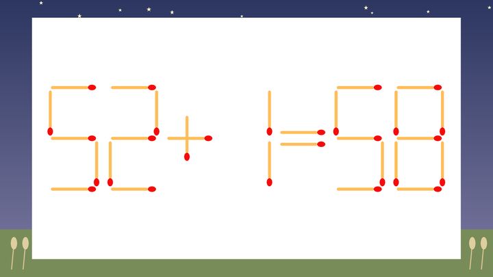 【マッチ棒クイズ】1本だけ動かして正しい式に：52+1=58？の問題画像