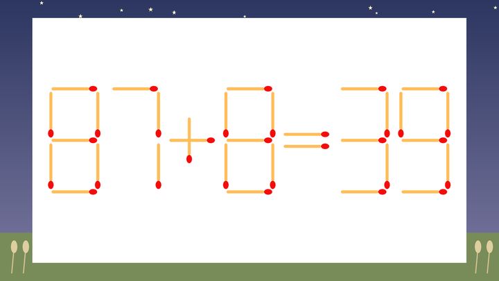 【マッチ棒クイズ】1本だけ動かして正しい式に：87+8=39？の問題画像