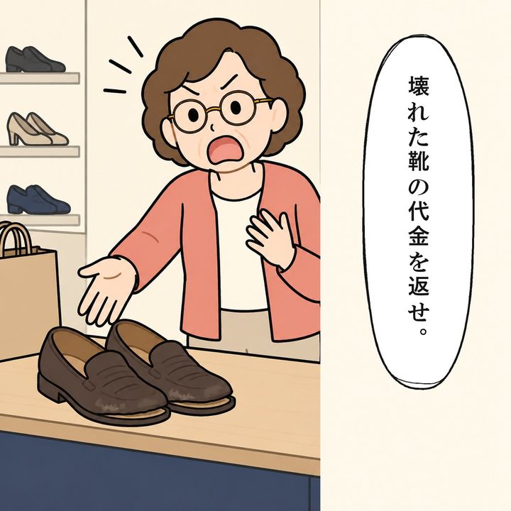 女性客は傷んだ靴を持ち込んで返金を求めます