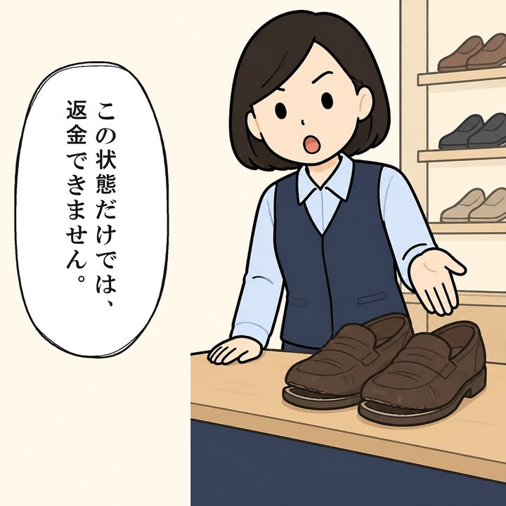 店員は持参された靴の状態では返金できないと伝えます