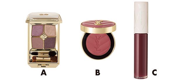 【A】エレガンス パルフェ クルール パレット 【B】YSL メイクミーブラッシュ パウダー 【C】マキアージュ リップグロウボム
