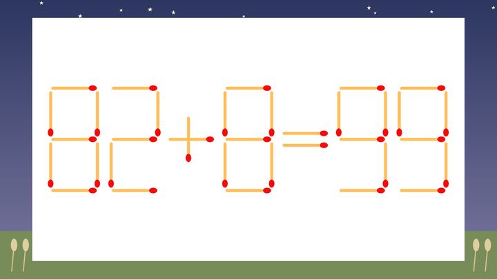 【マッチ棒クイズ】1本だけ動かして正しい式に：82+8=99？の問題画像