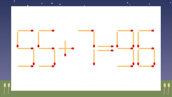 【マッチ棒クイズ】1本だけ動かして正しい式に：55+7=96？の問題画像